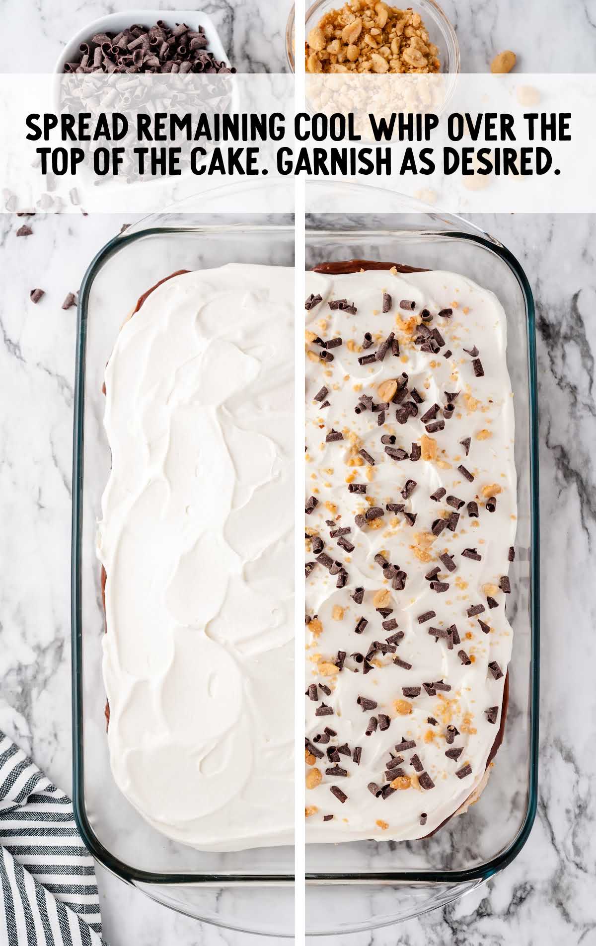 cool whip spread over the cake and garnished with peanuts and chocolate shavings