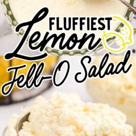 overhead shot of a bowl of lemon fluff with a scoop of lemon fluff on a spoon and close up shot of a bowl of lemon fluff