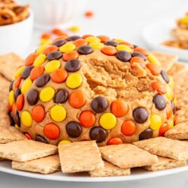 close up shot of a serving plate of peanut butter ball surrounded by graham crackers