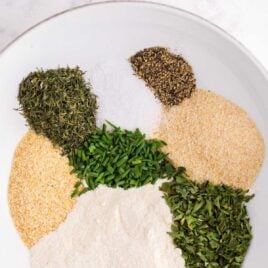 close up overhead shot of ranch seasoning ingredients in a bowl