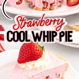 strawberry cool whip pie topped with whipped cream and strawberries