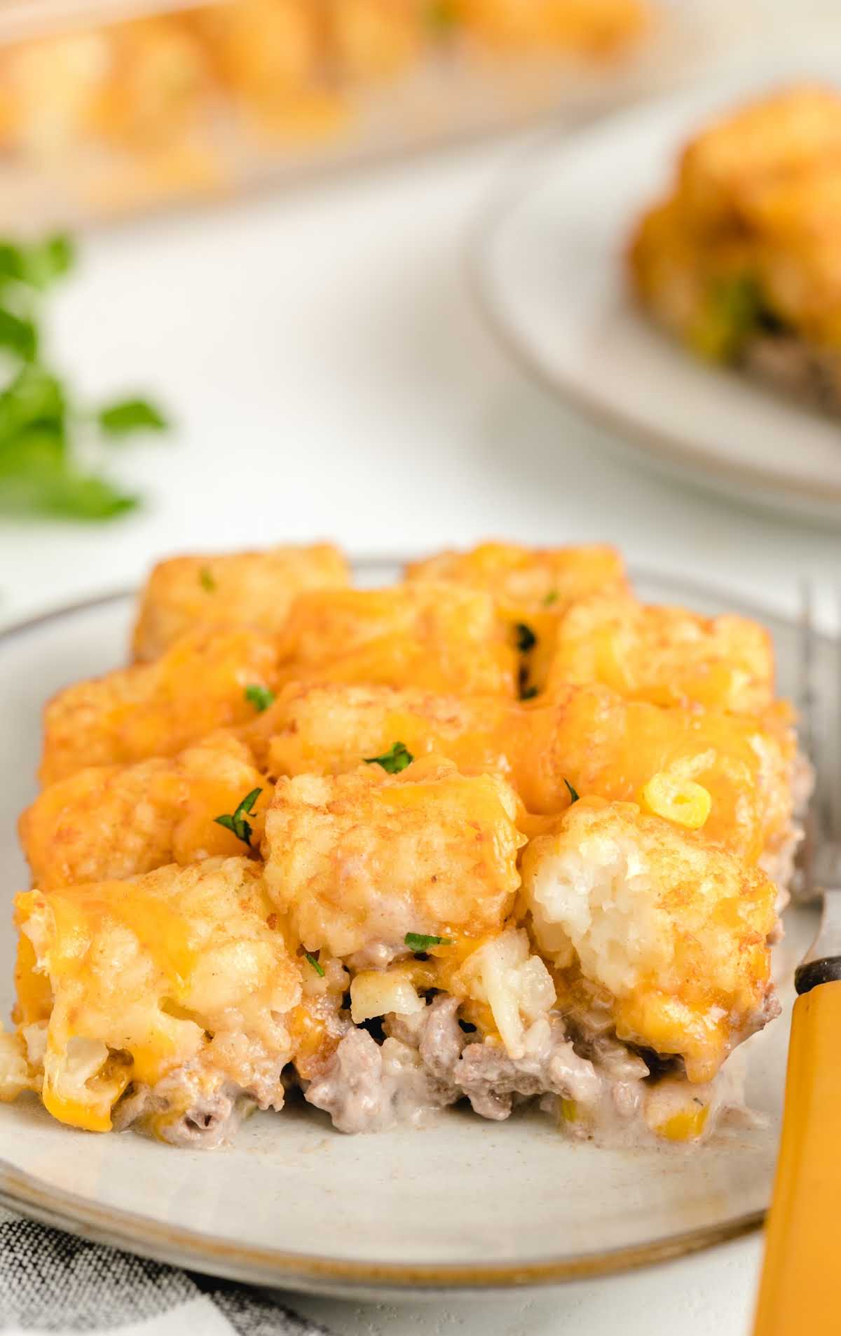 close up shot of a plate of tater tot casserole garnished with parsley