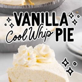 close up shot of a whole vanilla cool whip pie with a slice missing and close up shot of a slice of vanilla cool whip pie on a plate