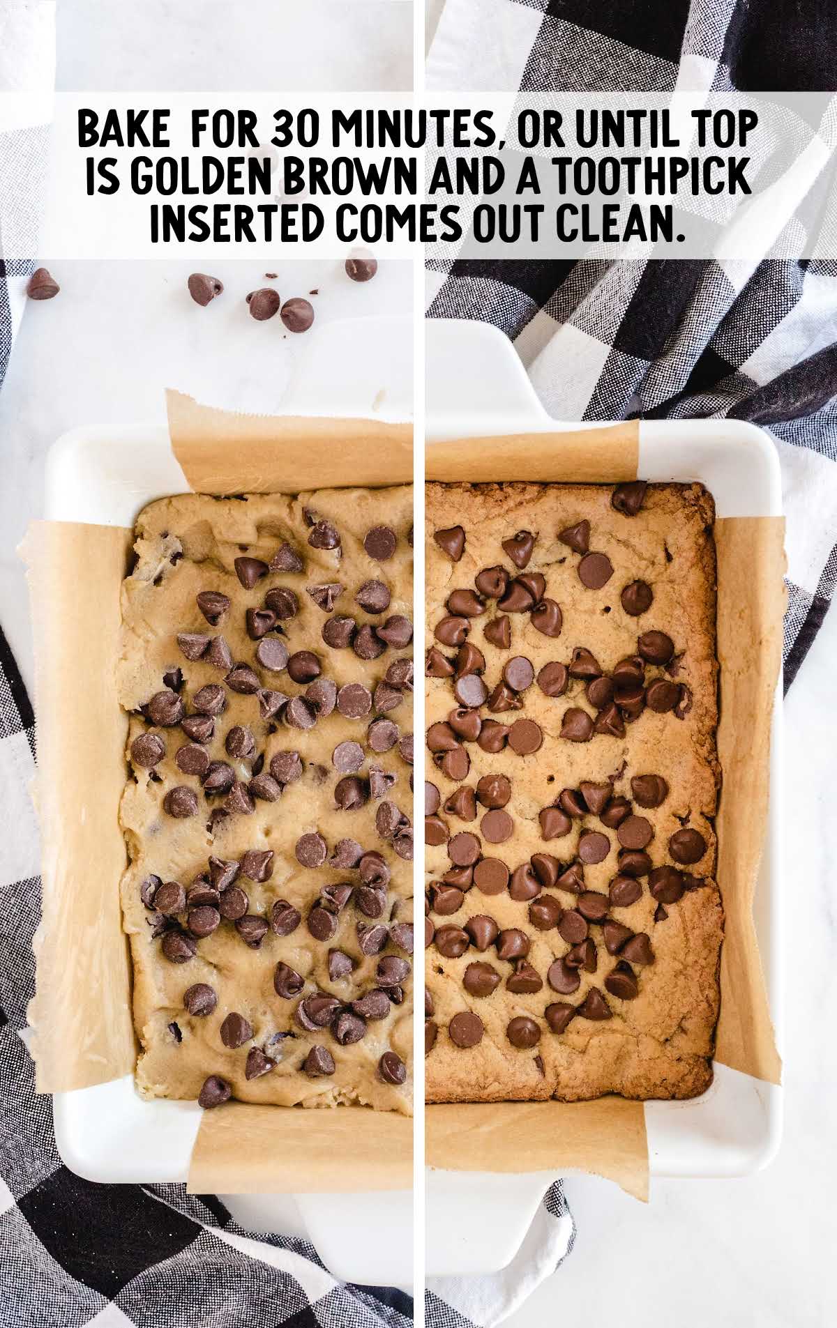 batter placed in a baking pan and topped with chocolate chips then being baked