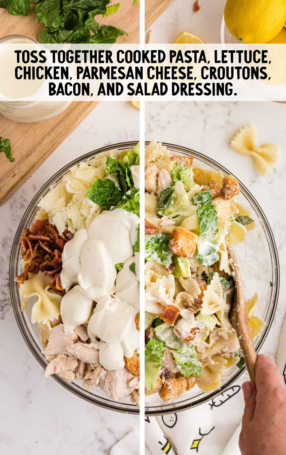 pasta, lettuce, chicken, parmesan cheese, croutons, bacon, and salad dressing tossed  in a large bowl