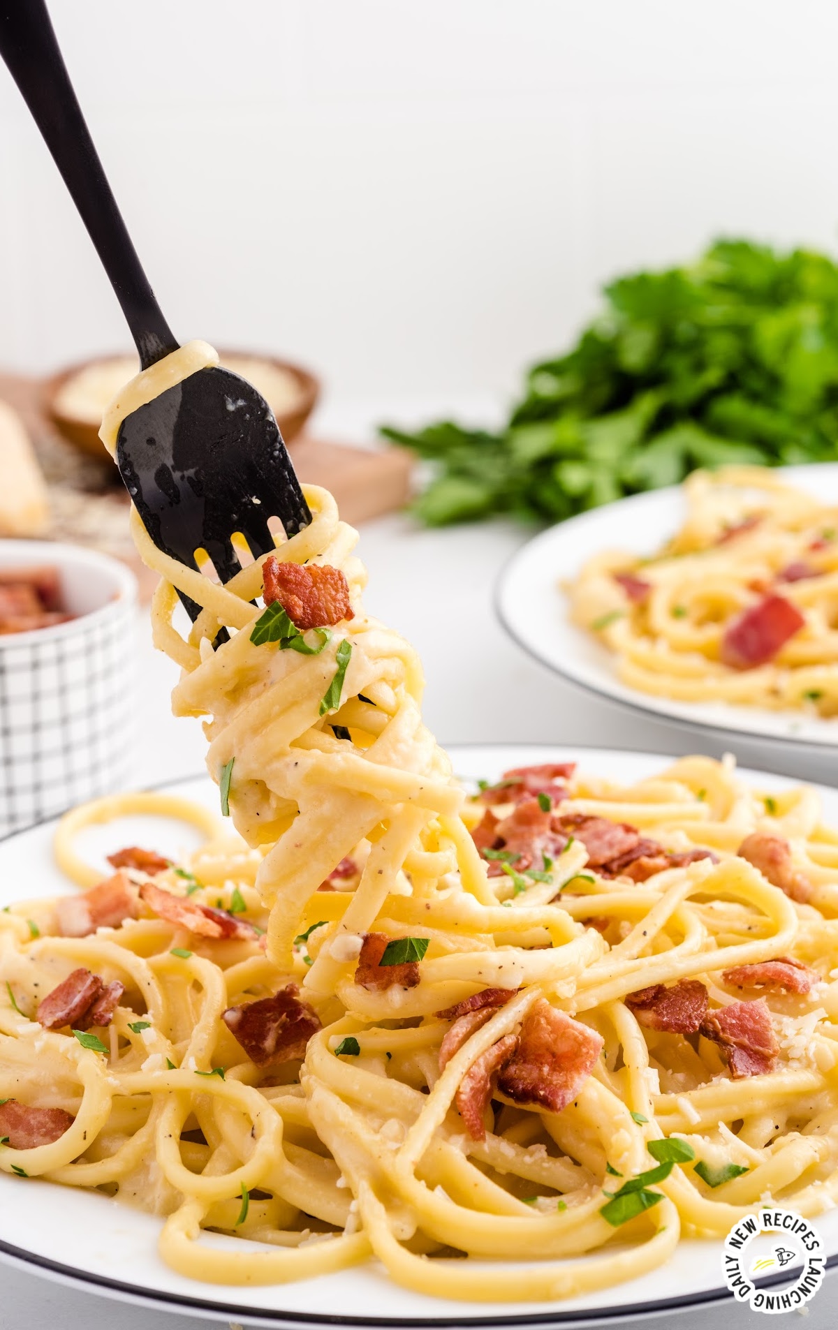 overhead shot of a bowl of Carbonara Pasta topped with bacon bits, cheese, and parsley with pasta wrapped around a fork