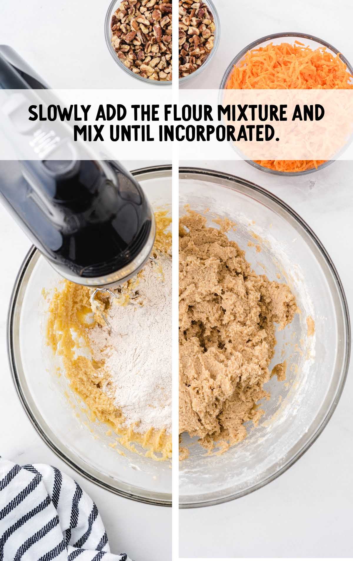 the flour mixture being blended together into the bowl of ingredients