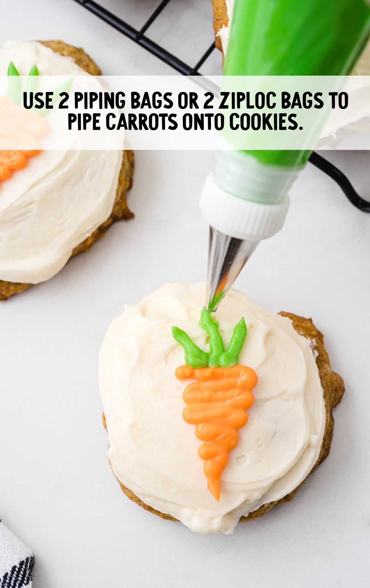 frosting being placed on the cookie in the shape of a carrot