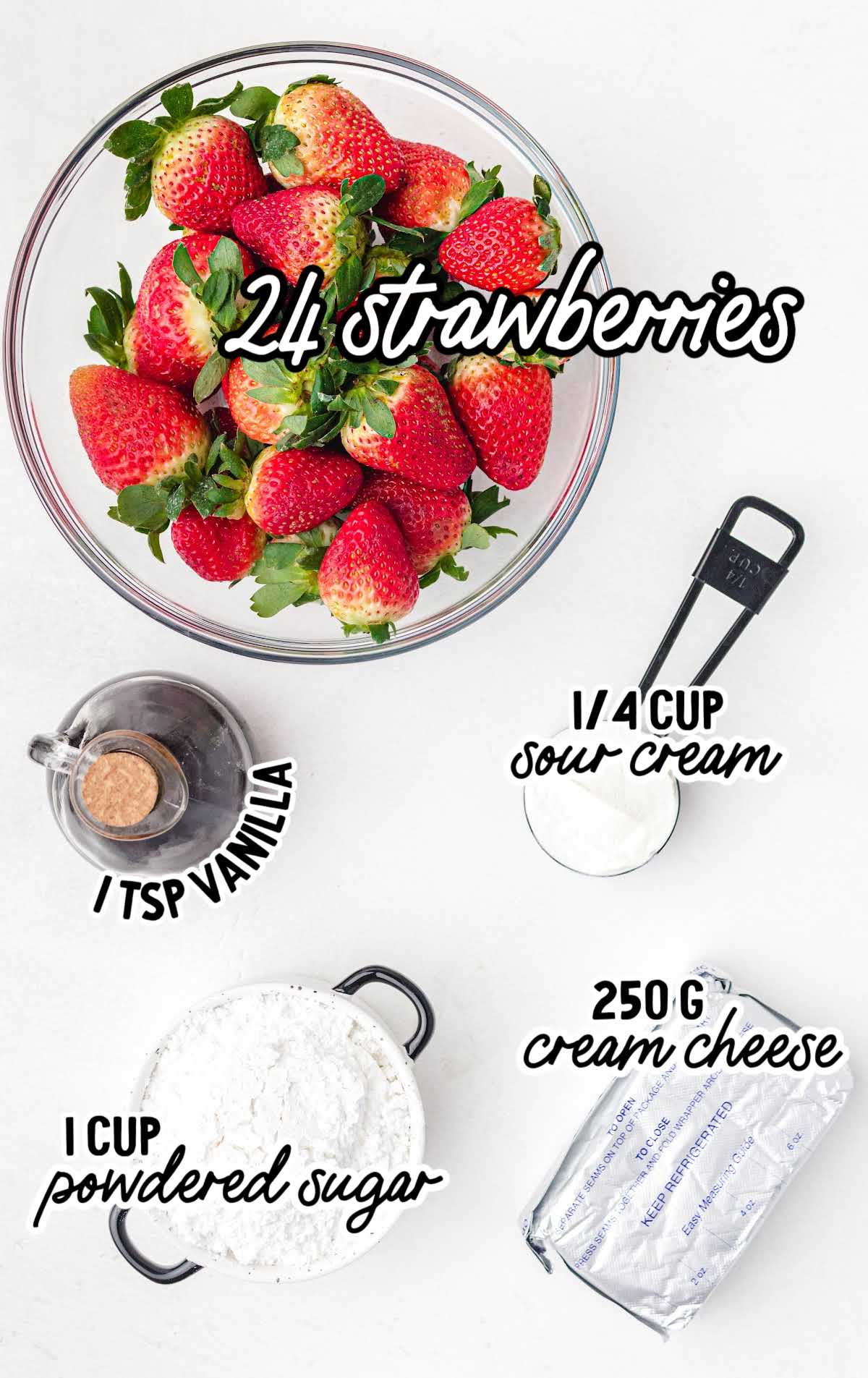 Cheesecake Stuffed Strawberries raw ingredients shot that are labeled