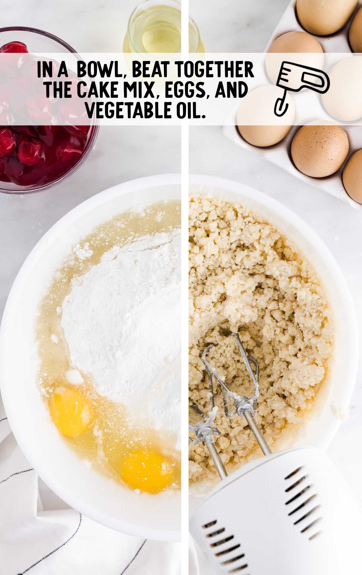 ake mix, eggs, and vegetable oil combined in a bowl
