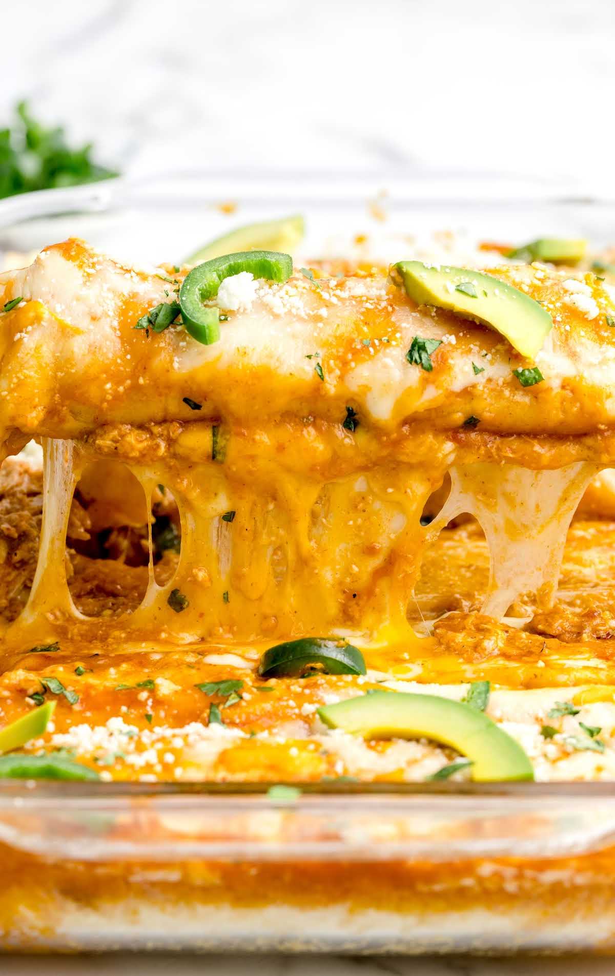 close up shot of a baking dish of Chicken Enchiladas garnished with sliced avocados and peppers