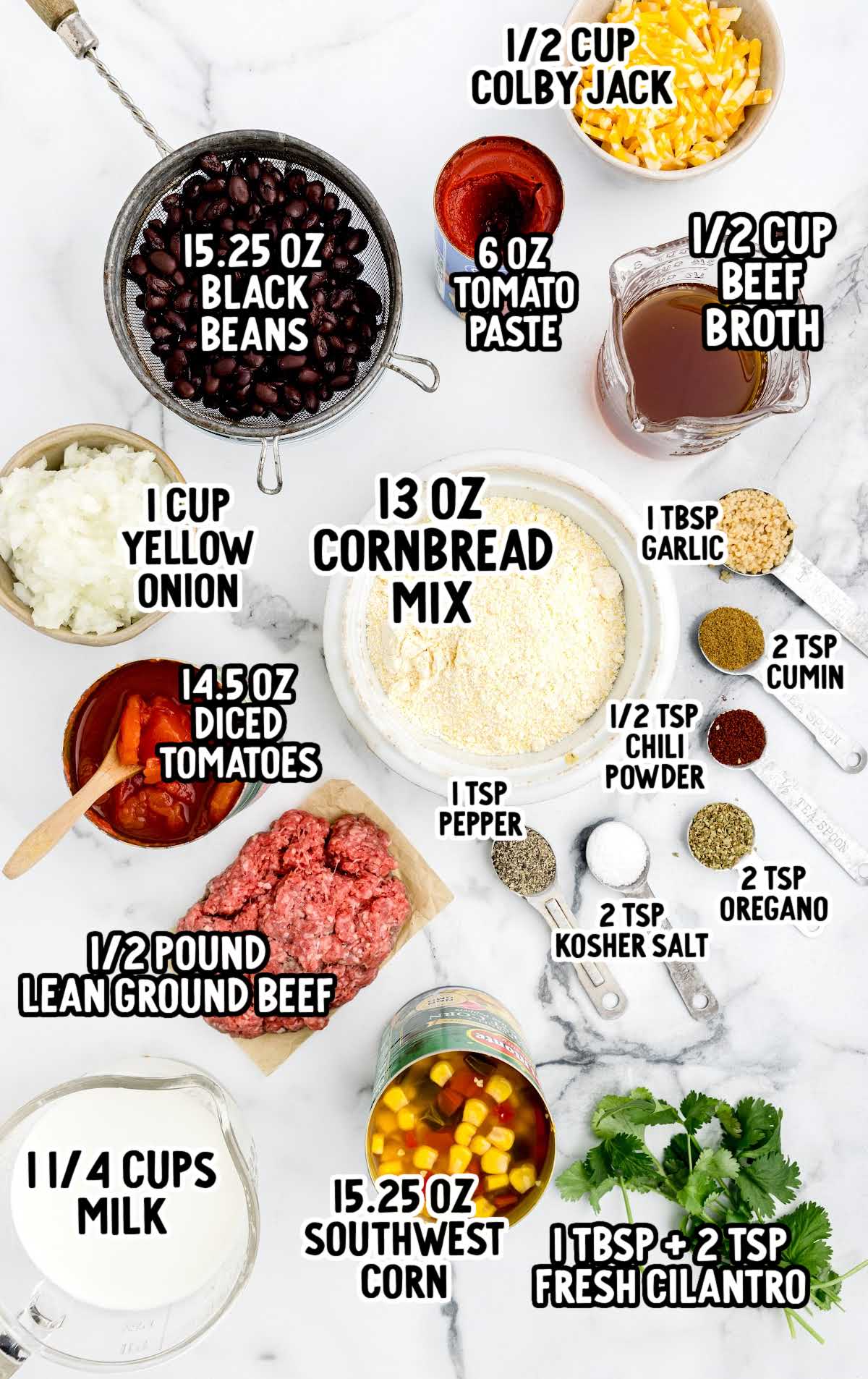 Cornbread Chili Casserole raw ingredients that are labeled