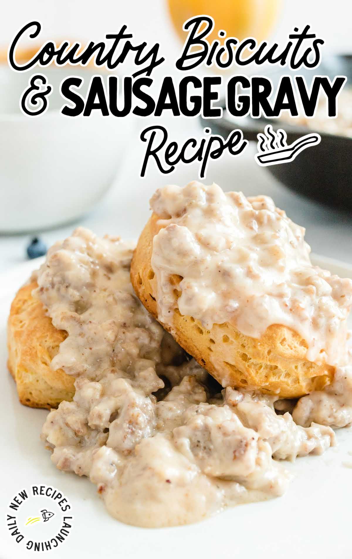 close up shot of a plate of biscuits topped with sausage gravy