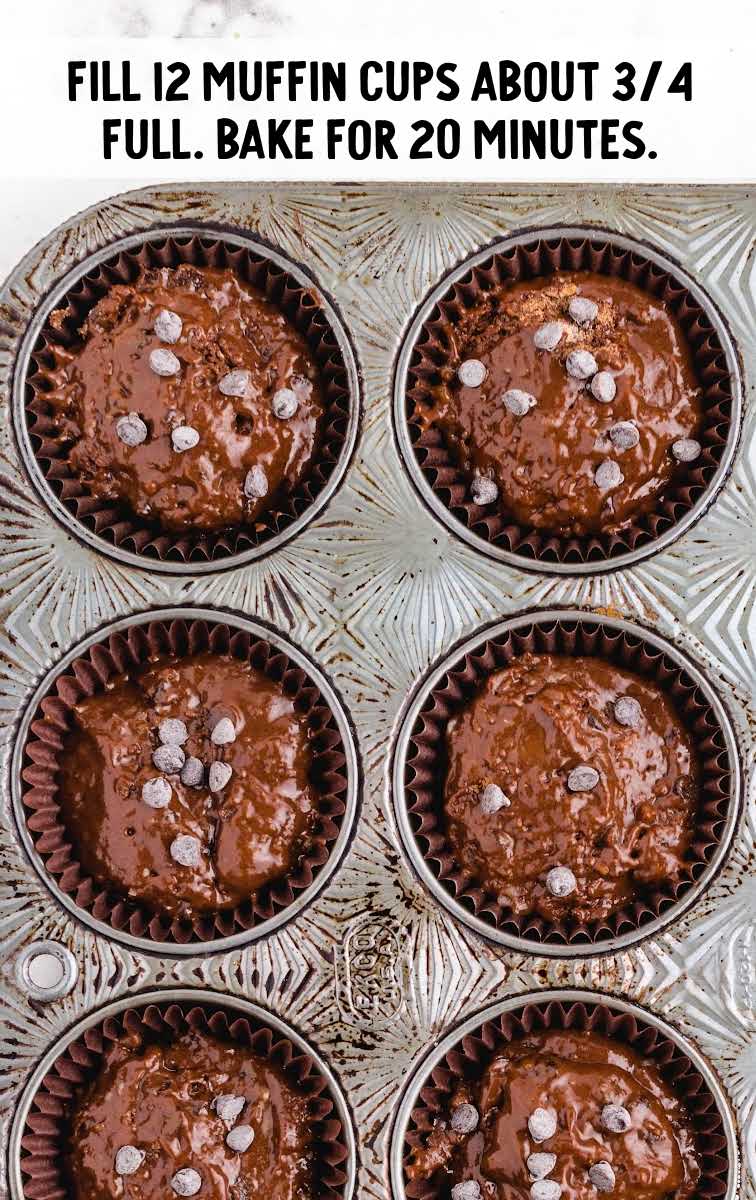 Double Chocolate Muffins process shot of batter poured into a muffin pan and topped with chocolate chips