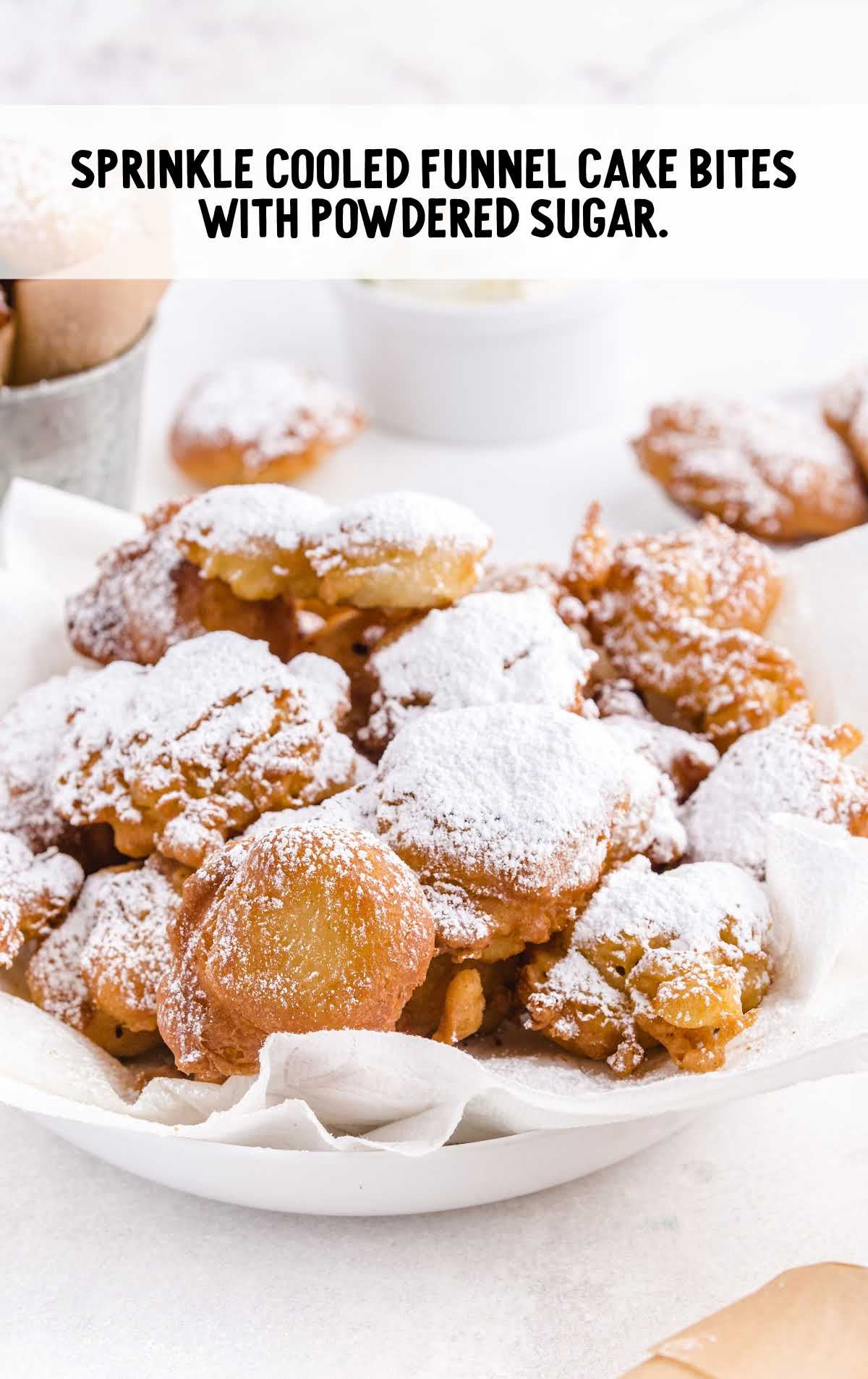 Funnel Cake Bites topped with powdered sugar