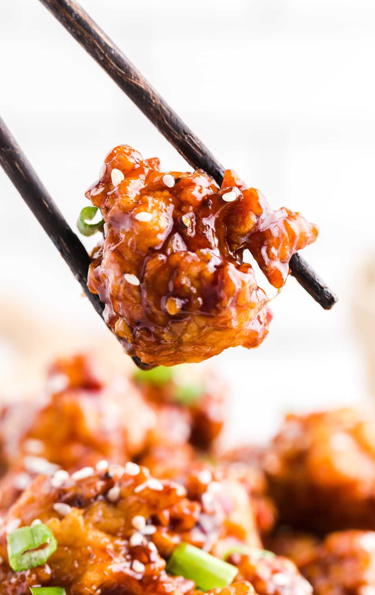 close up shot of chicken on a chopstick