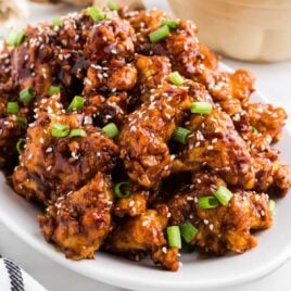 close up shot of a plate of fried chicken garnished with sesame seeds and green onions