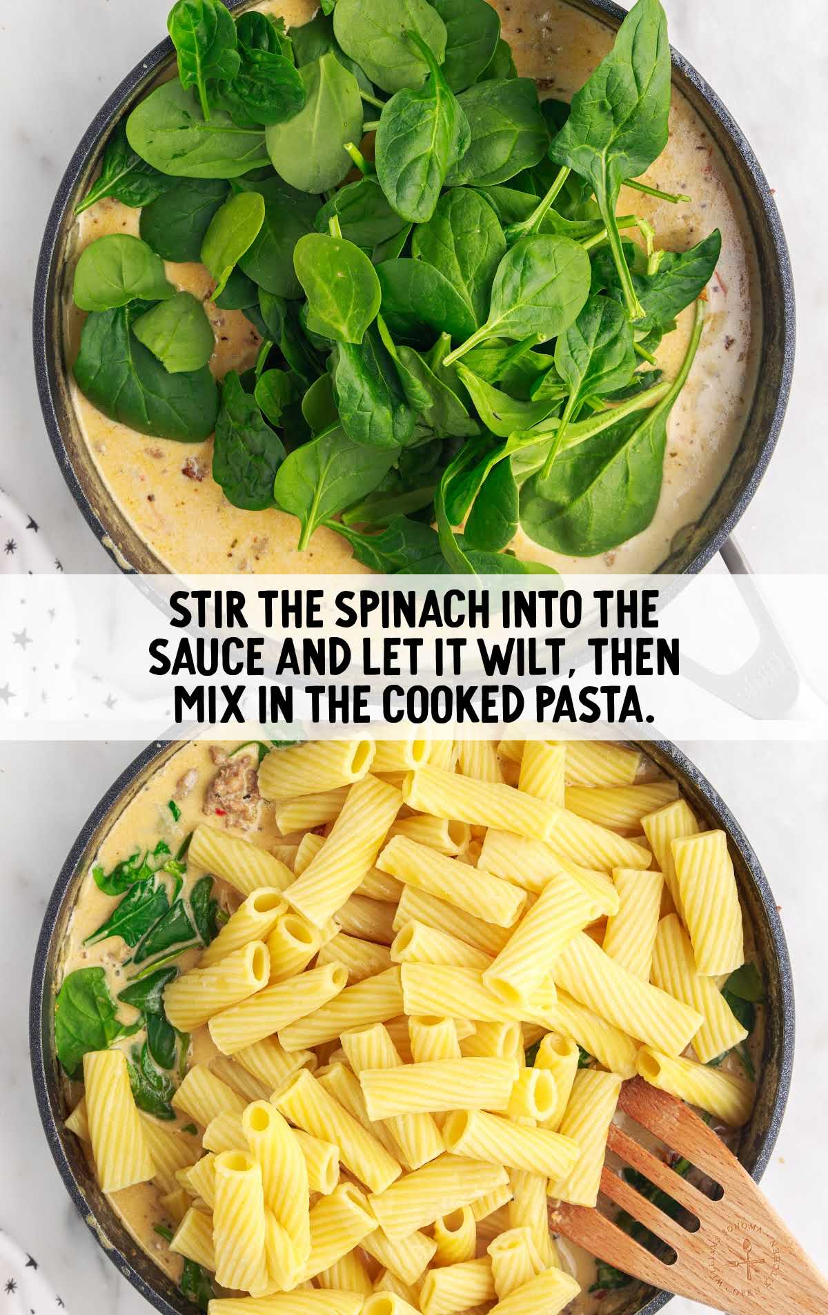 spinach and pasta added to the sauce mixture in the skillet