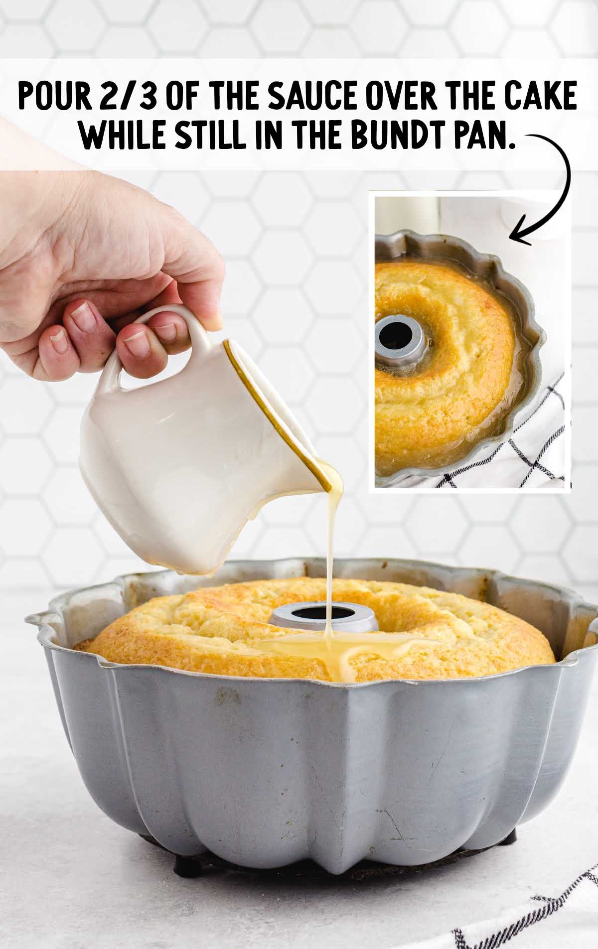 sauce being poured on top of baked cake