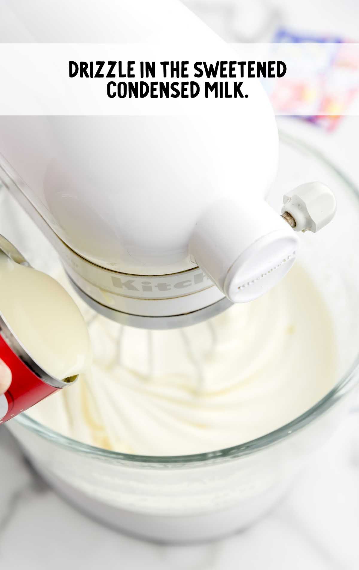 sweetened condensed milk added to the blender with the whipped heavy cream
