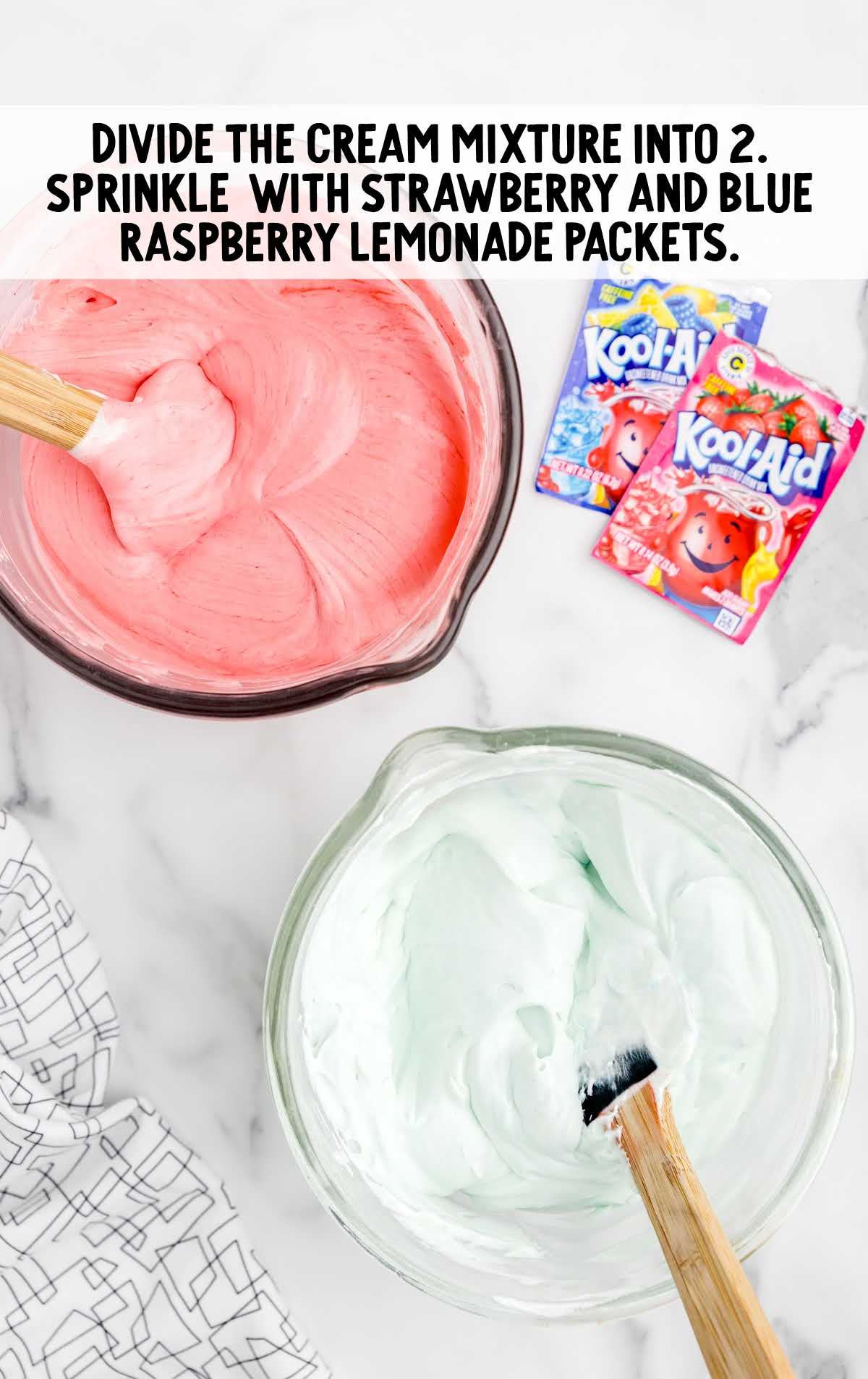 kool aid packets added to the measuring cups of heavy cream mixture