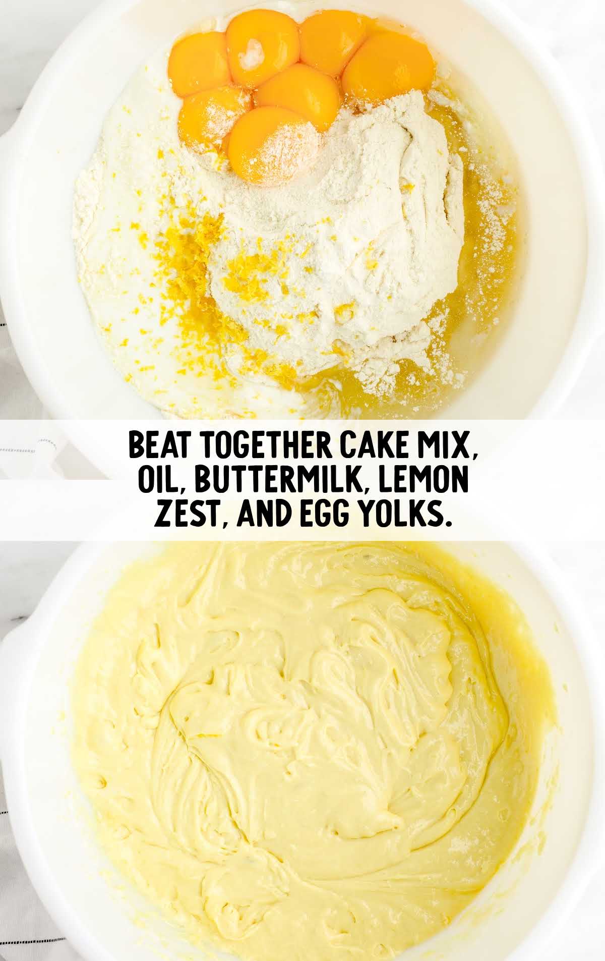 cake mix, oil, buttermilk, lemon zest, and egg yolk being whisked together in a bowl