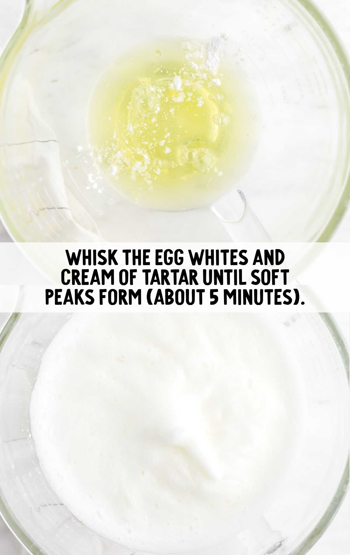eggs whites and cream of tartar whisked in a bowl