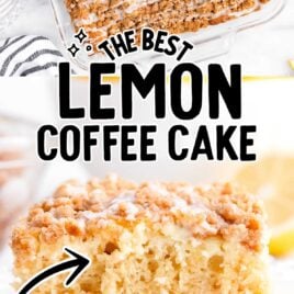 a close up shot of a piece of Lemon Coffee Cake and a overhead shot of Lemon Coffee Cake in a baking dish