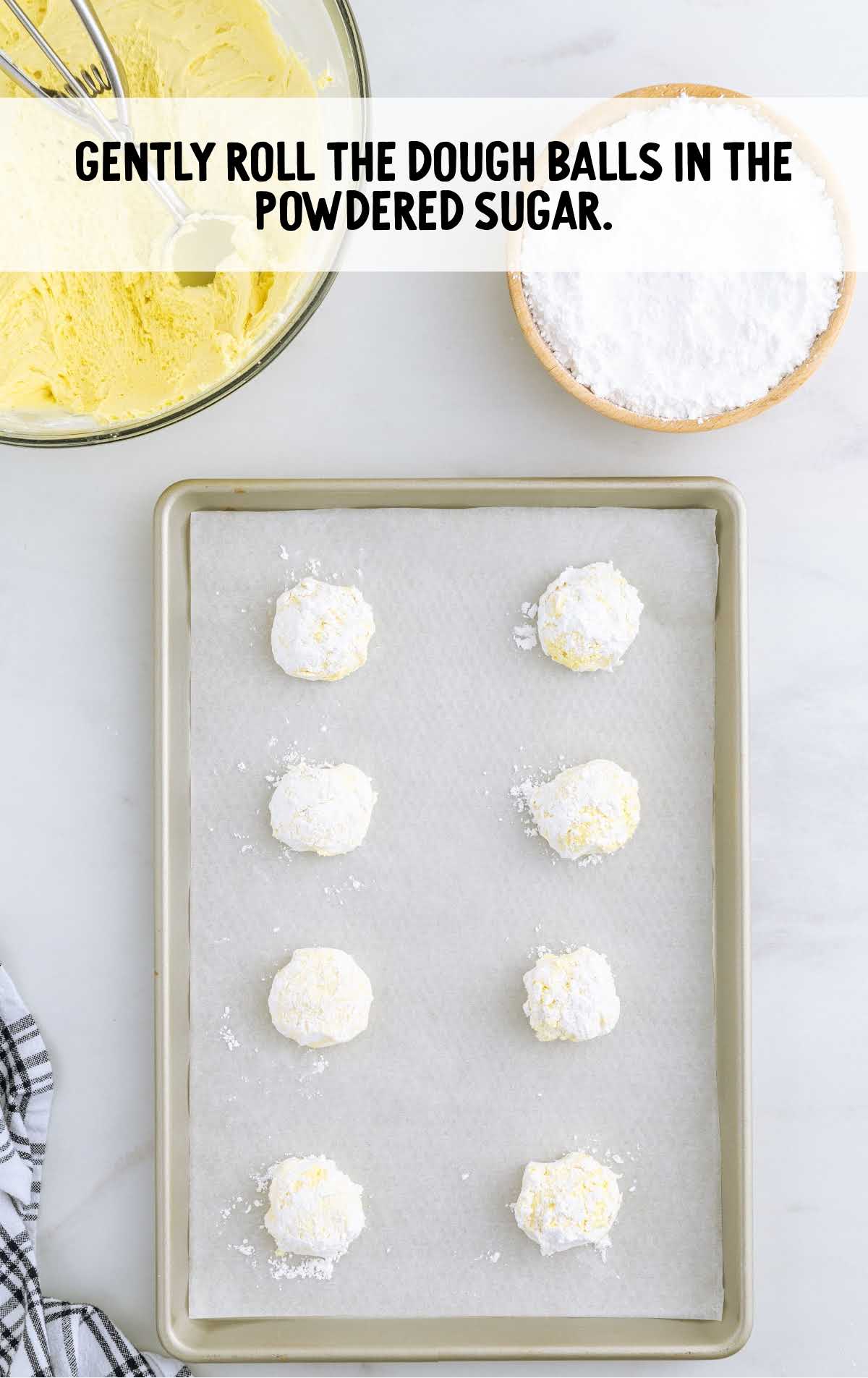 dough balls rolled into a bowl of powdered sugar