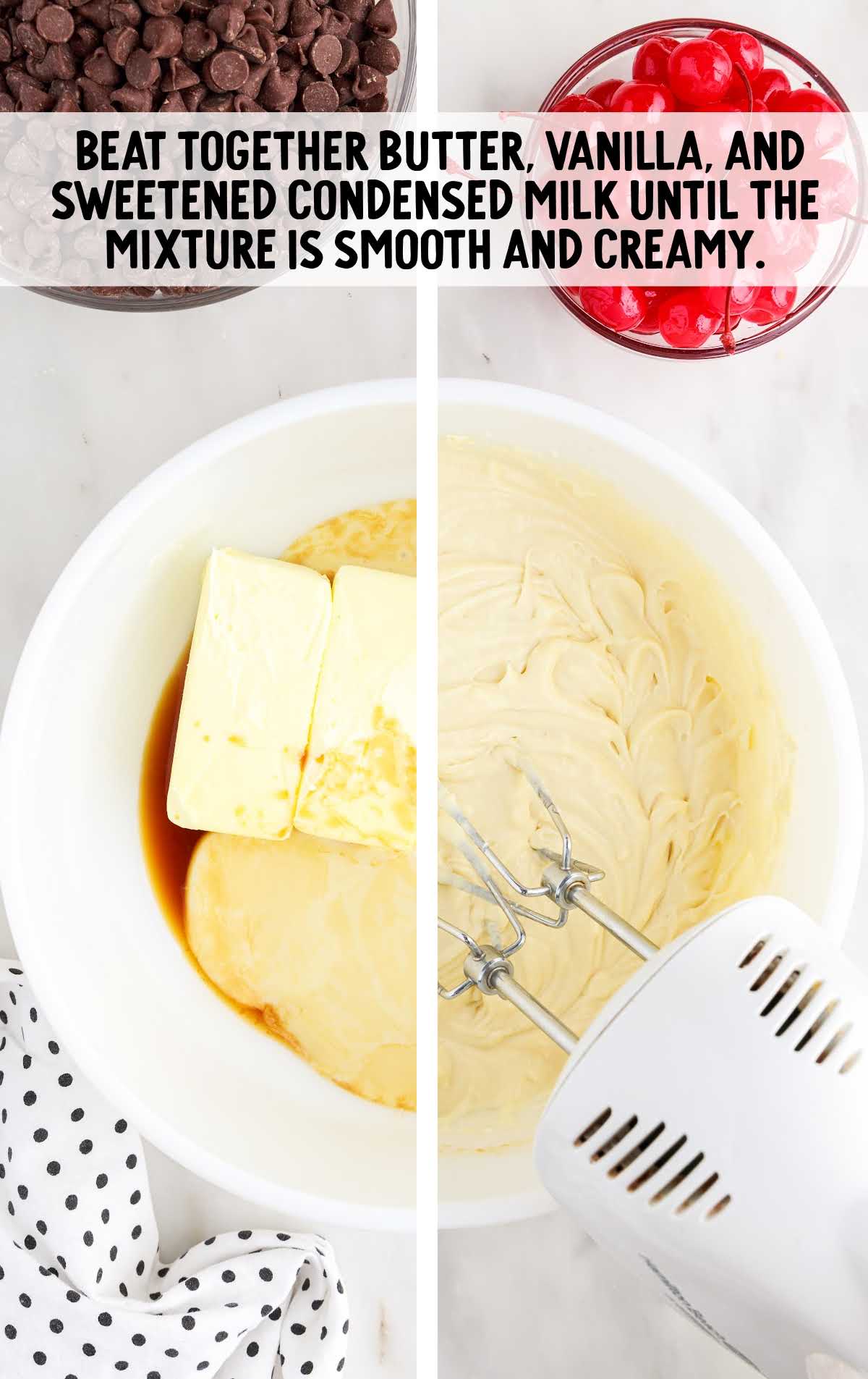 butter, vanilla, sweetened blended together in a bowl