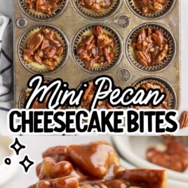 overhead shot of a muffin pan full of cheesecake bites topped with pecans and close up shot of a cheesecake bite topped with pecans on a plate
