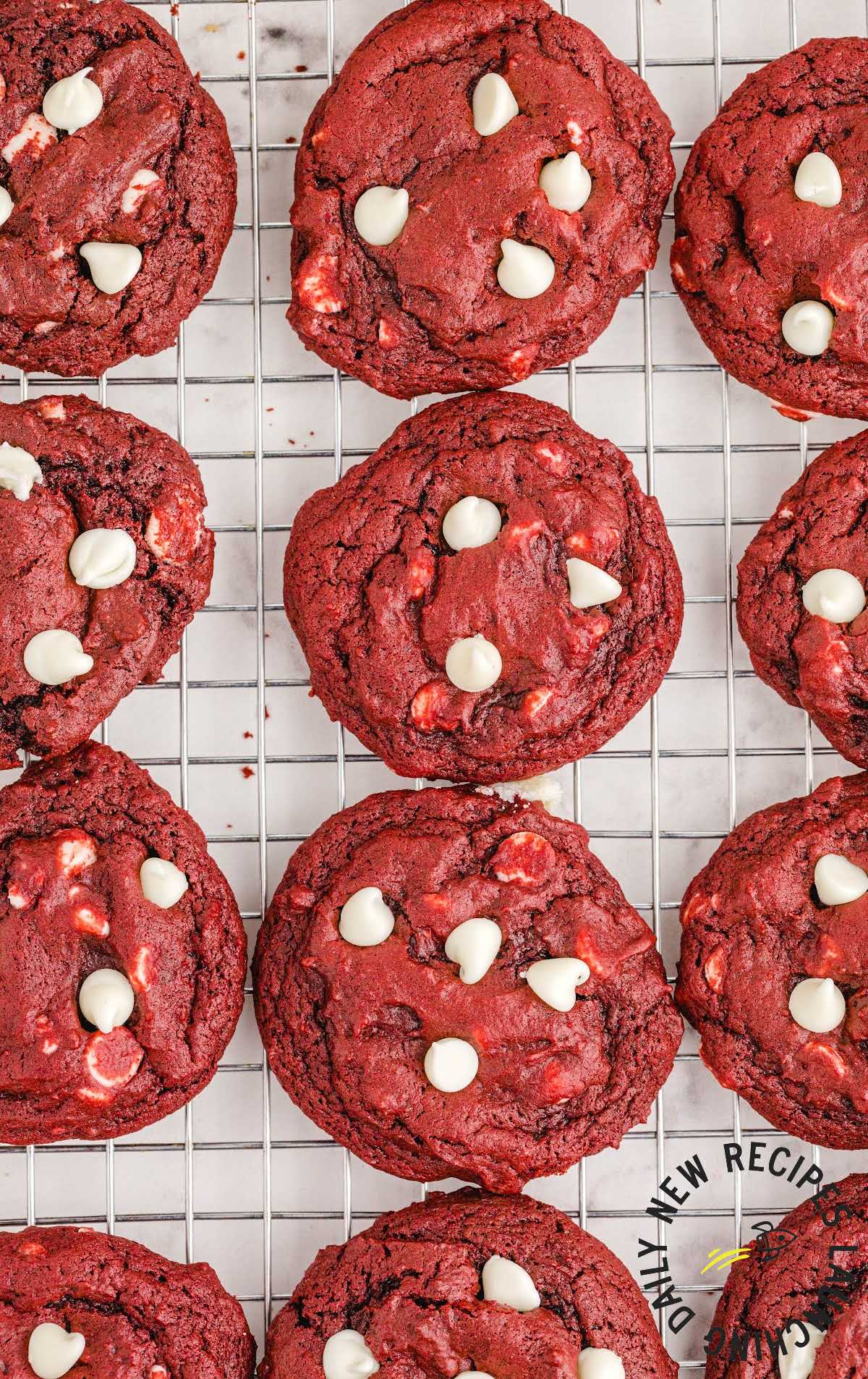 close up overhead shot of Red Velvet Cookies on a cooling rack