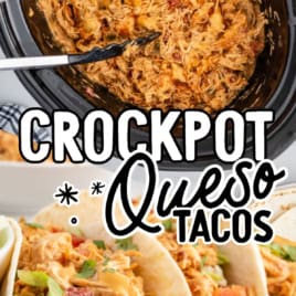 Shredded chicken queso filling in a crockpot with a spoon, and three tacos filled with queso chicken, lettuce, tomato, cheese, and sauce, arranged on a wooden board—these Slow Cooker Queso Chicken Tacos are the perfect blend of creamy flavor and hearty goodness.