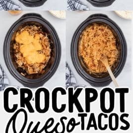 Four images show steps to make Slow Cooker Queso Chicken Tacos: seasoned chicken, chicken topped with diced tomatoes and peppers, shredded chicken with melted queso, and shredded taco filling. Finished tacos are garnished and served in tortillas—the perfect Slow Cooker Queso Chicken Tacos Recipe for a flavorful meal.