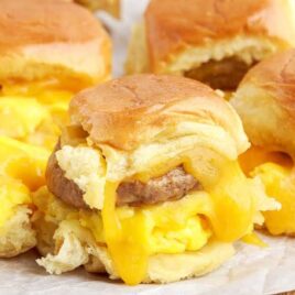 close up shot of a bunch of Sausage Egg and Cheese Sliders