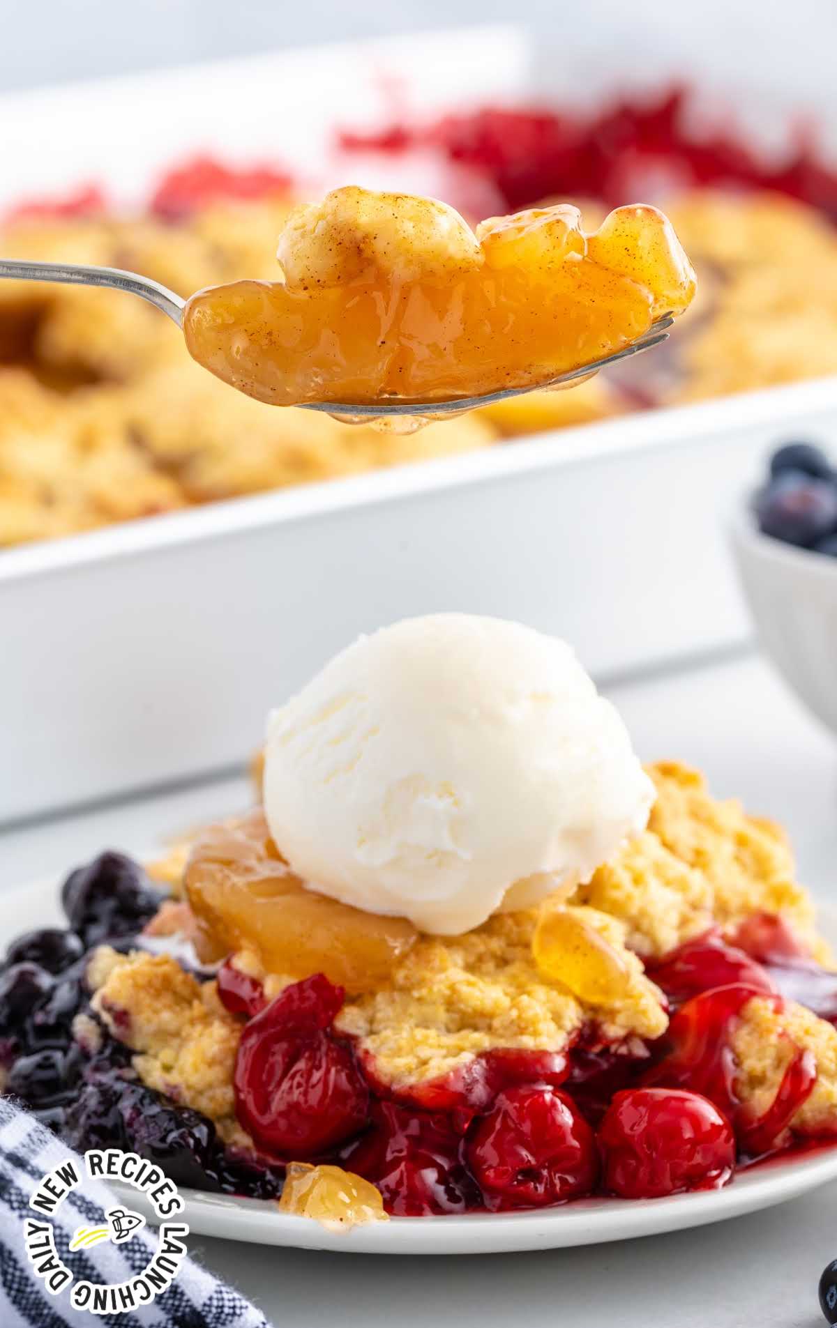 close up shot of a cobbler on a plate topped with vanilla ice cream