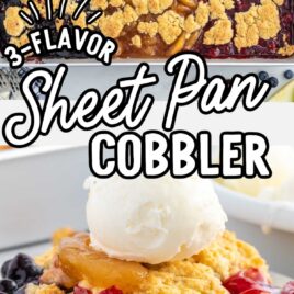 close up shot of a cobbler on a plate topped with vanilla ice cream and close up shot of a cobbler in a sheet pan