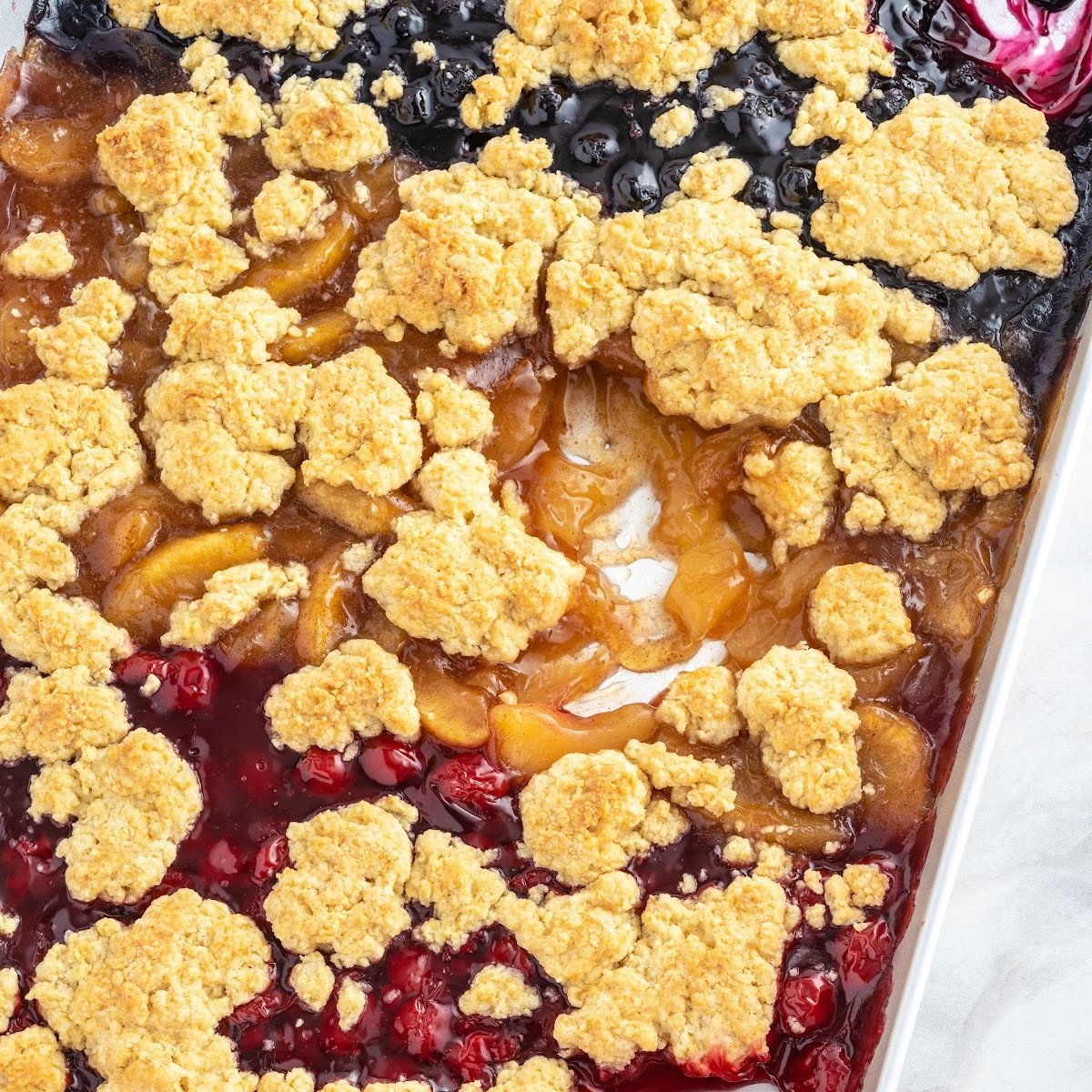 close up shot of a cobbler in a sheet pan
