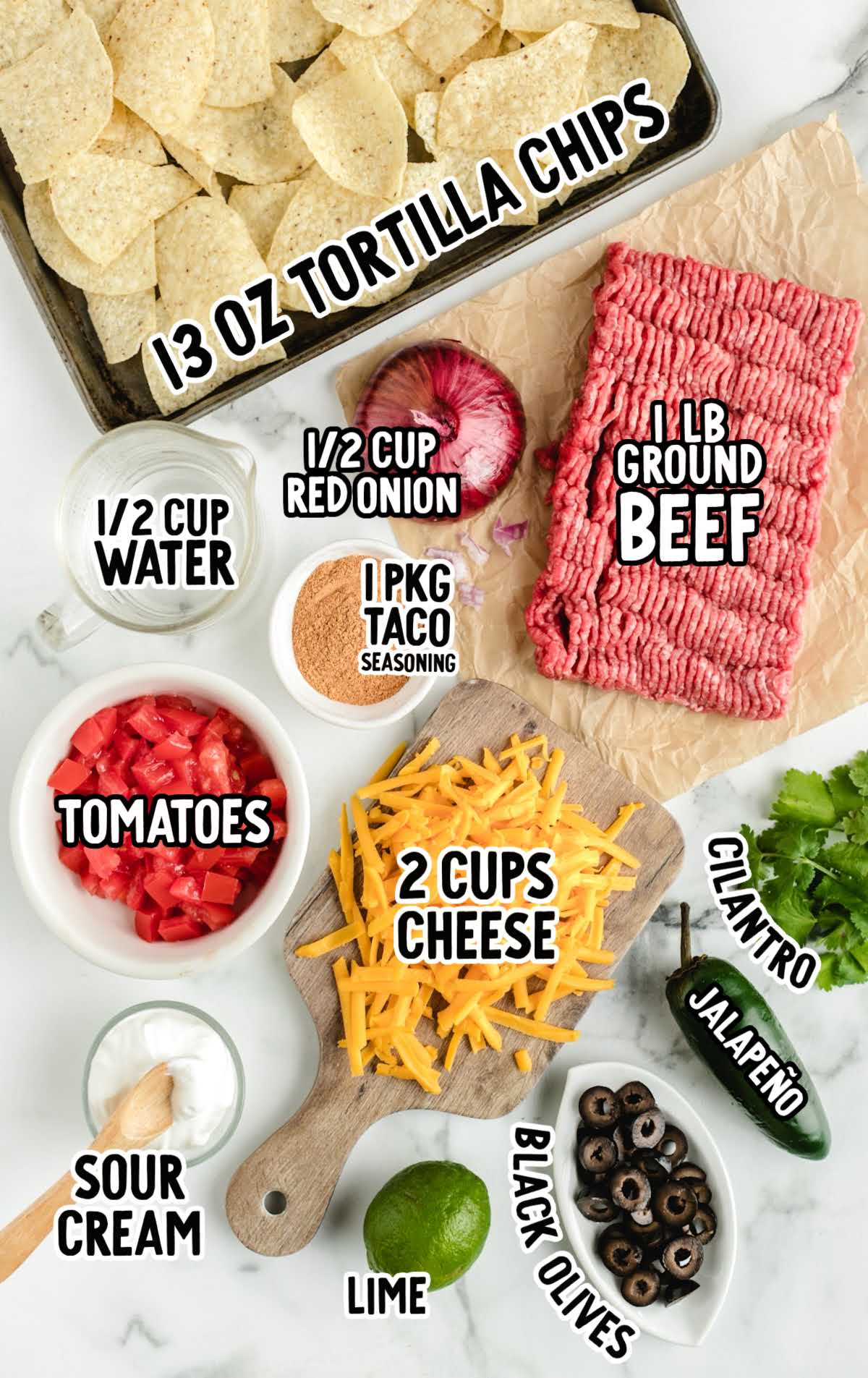 Sheet Pan Nachos raw ingredients that are labeled
