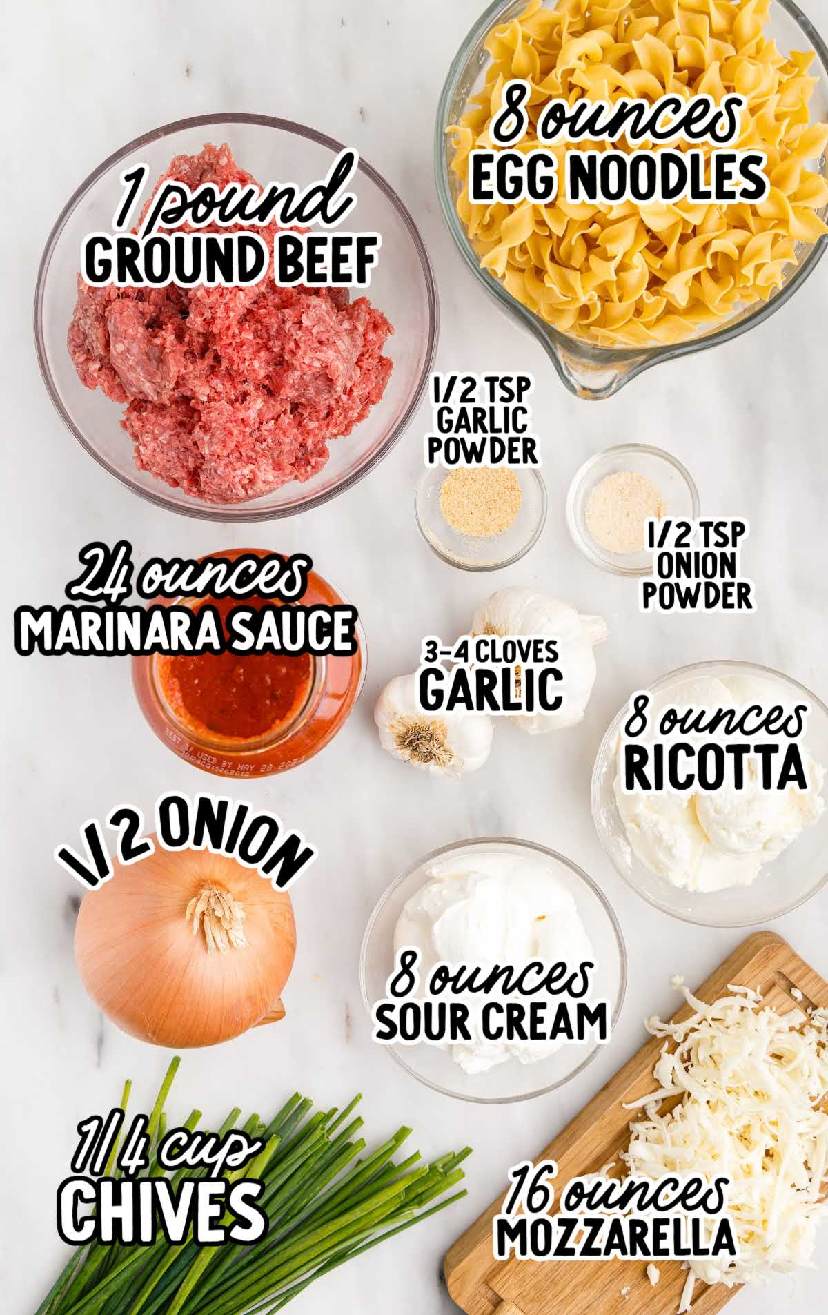 Sour Cream Noodle Bake raw ingredients that are labeled
