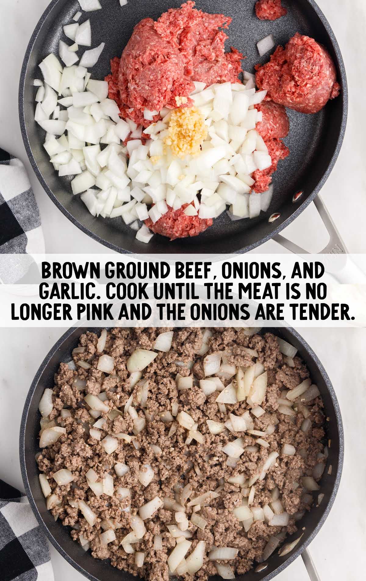 ground beef, onion, and garlic cooked on a skillet