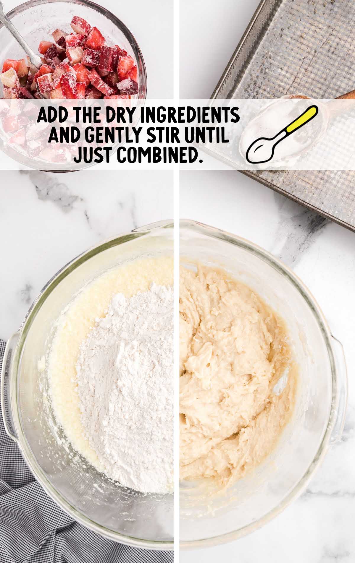 dry ingredients stirred into the creamed sugar mixture in a bowl