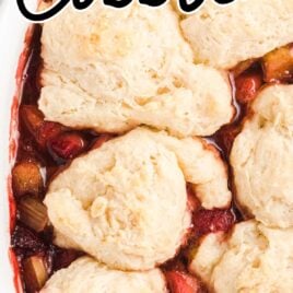 close up overhead shot of a Strawberry Rhubarb Cobbler cobbler in a baking dish
