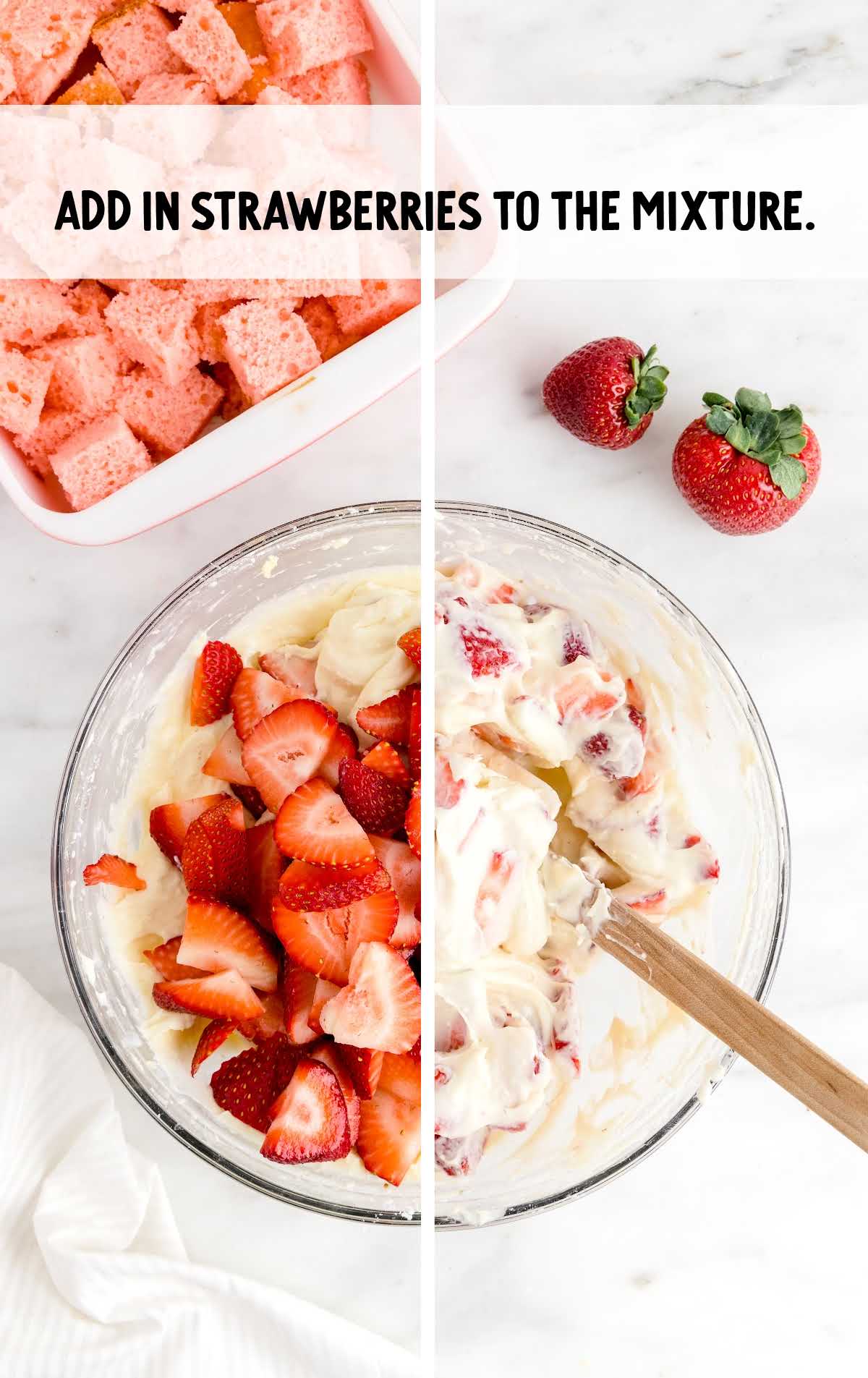 strawberries folded into the bowl of ingredients 