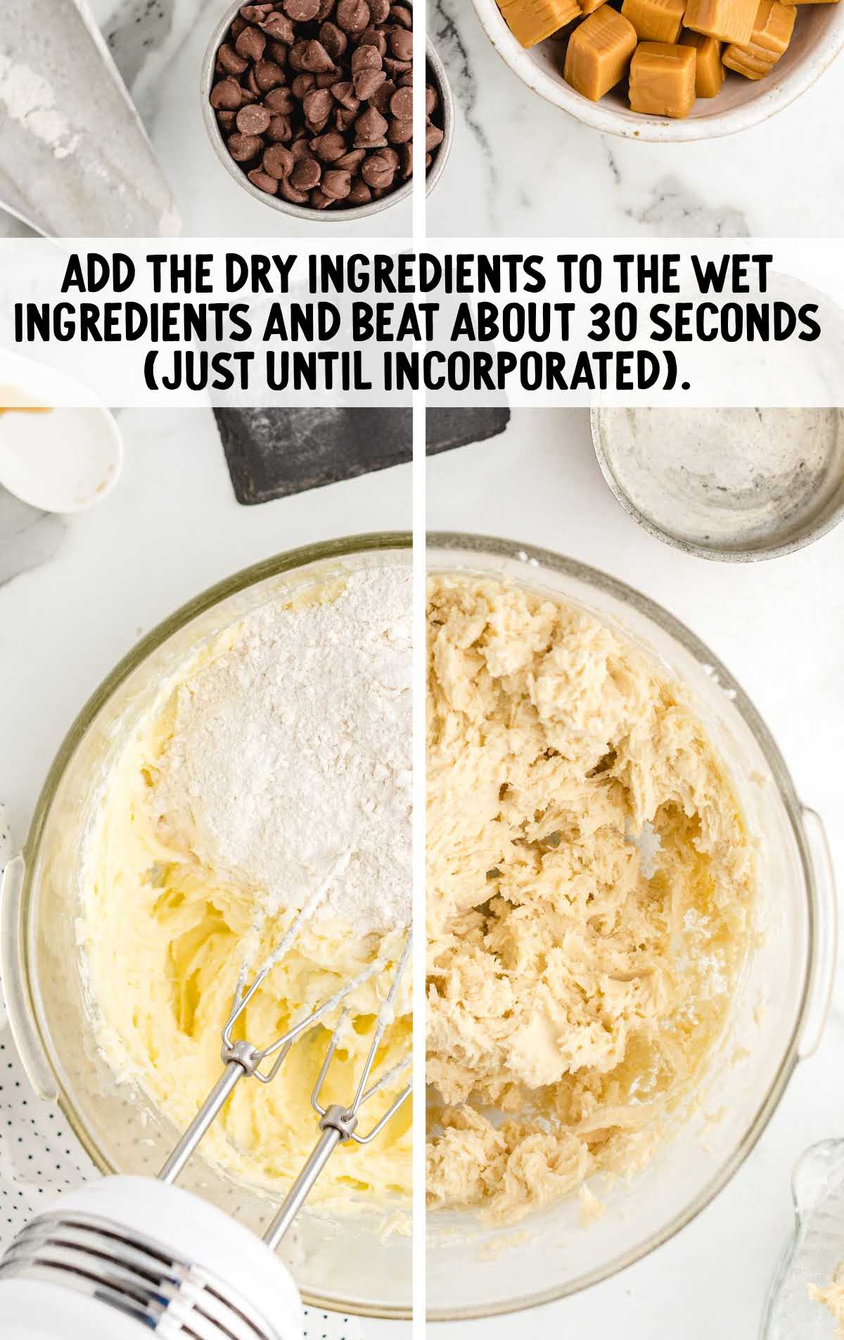 dry ingredients blended into the wet ingredients in a bowl