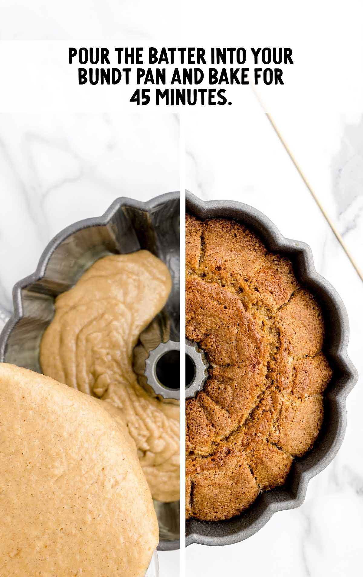 cake batter poured into a bundt pan then baked