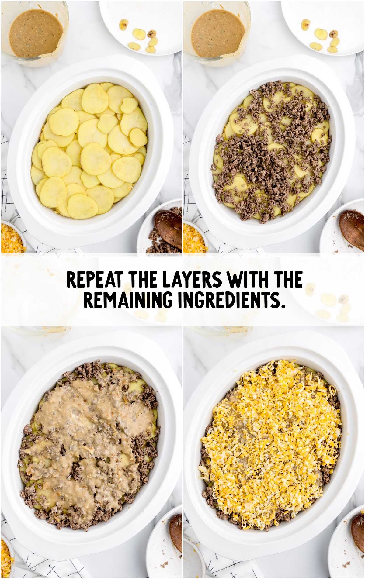 slow cooker assembled with layers of potato, meat, liquid mixture, and cheese