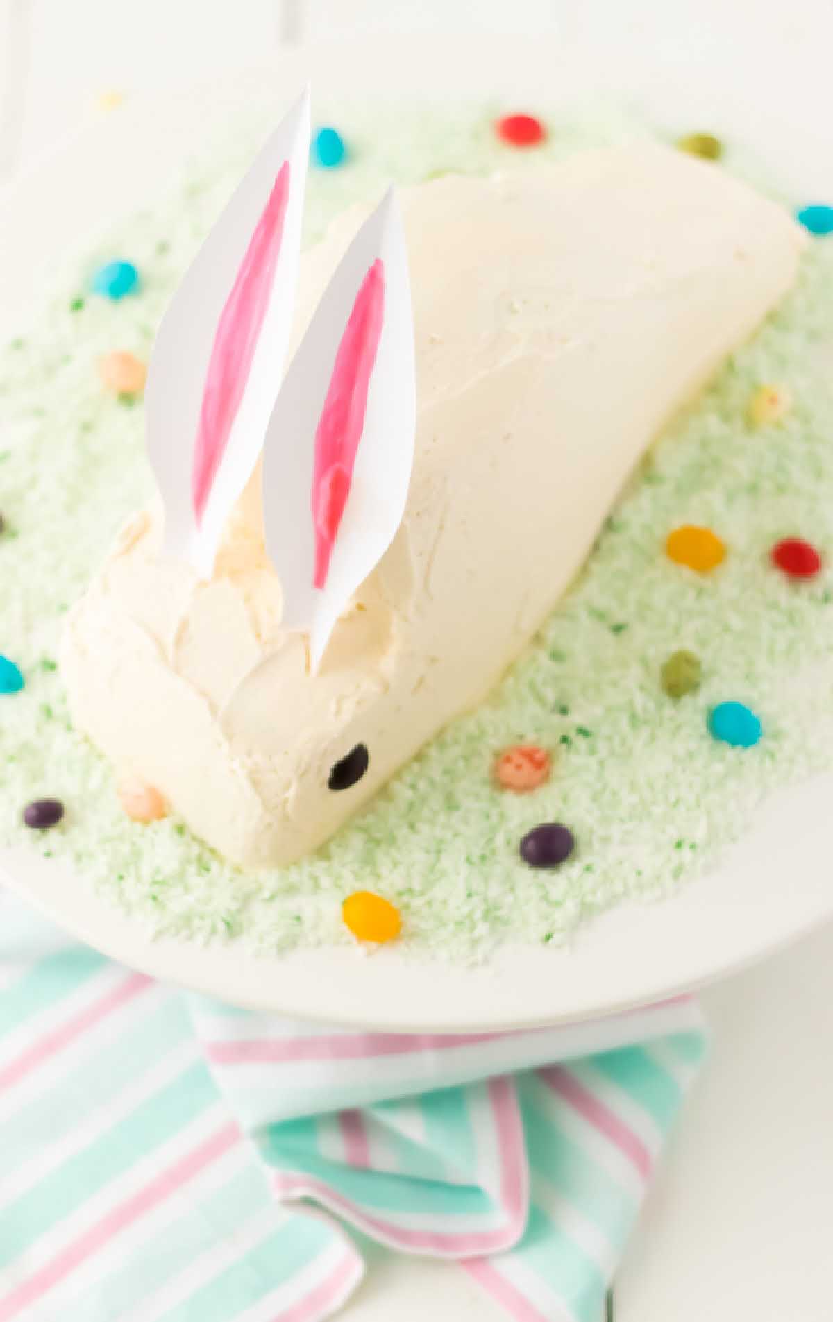 close up shot of a easter bunny cake on a cake stand