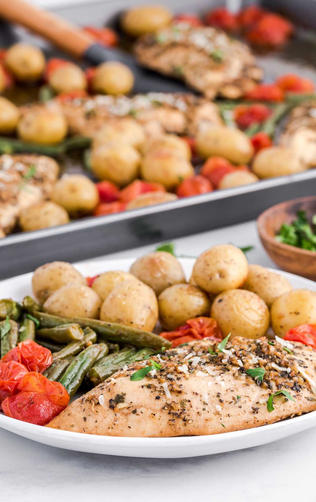 close up shot of a plate of baked chicken, potatoes, tomatoes, and green beans