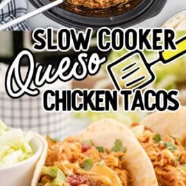 overhead shot of a crockpot full of slow cooker queso chicken tacos and close up shot of a wooden serving tray of slow cooker queso chicken tacos drizzled with sauce